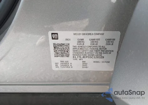 2025 Chevrolet Trax Fwd 2Rs from USA, damaged, VIN KL77LJEP5SC128329